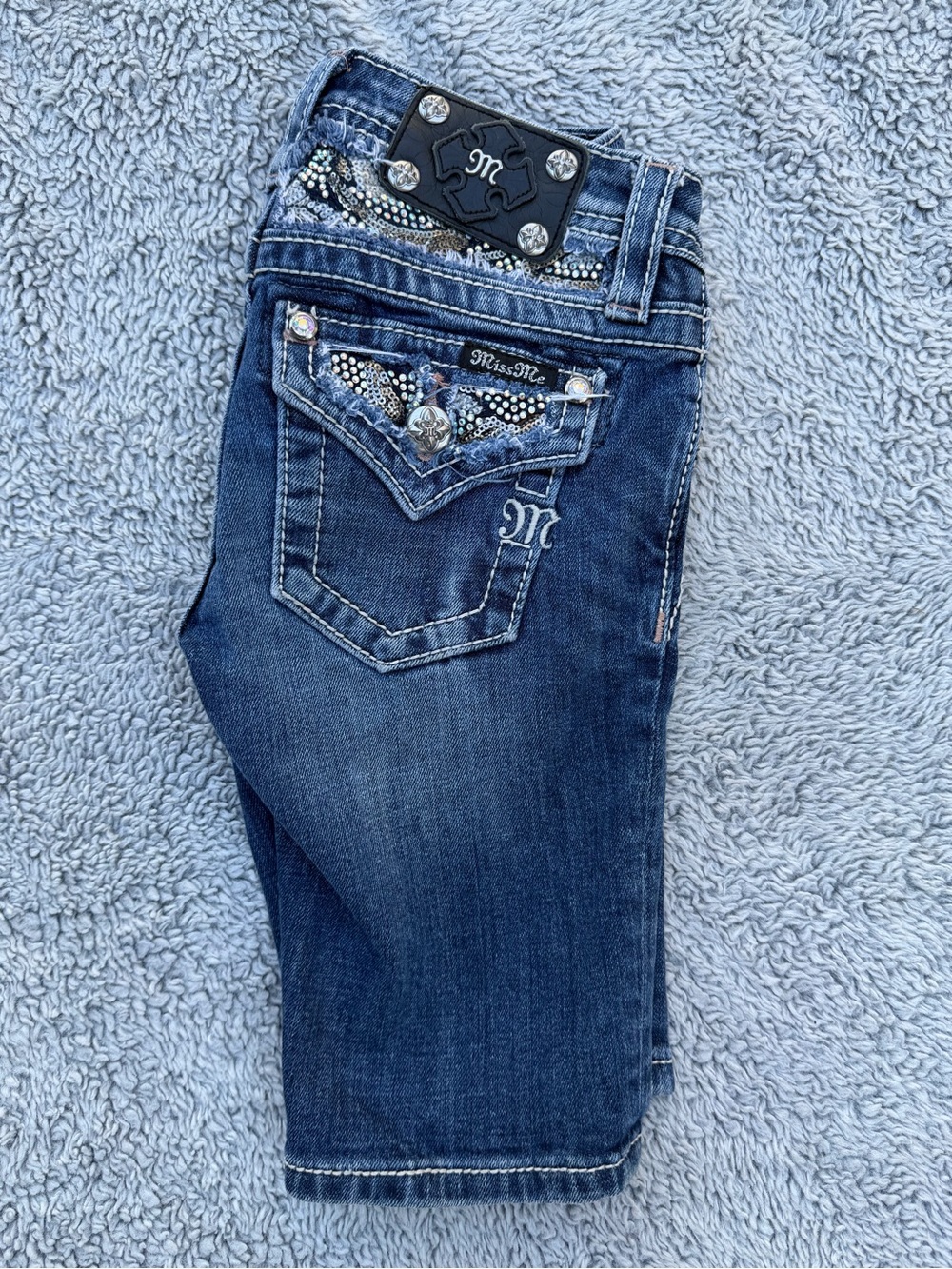 Miss Me Girls Dark Blue Embellished Pocket Jean Bermuda Shorts Size 8